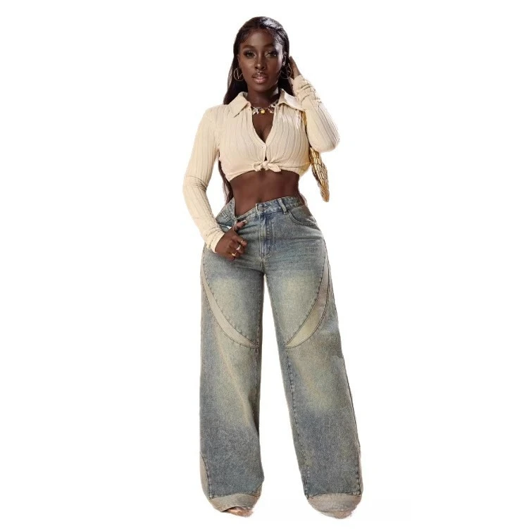 2026 Summer New Product Old Stitching Striped Wide-leg Jeans