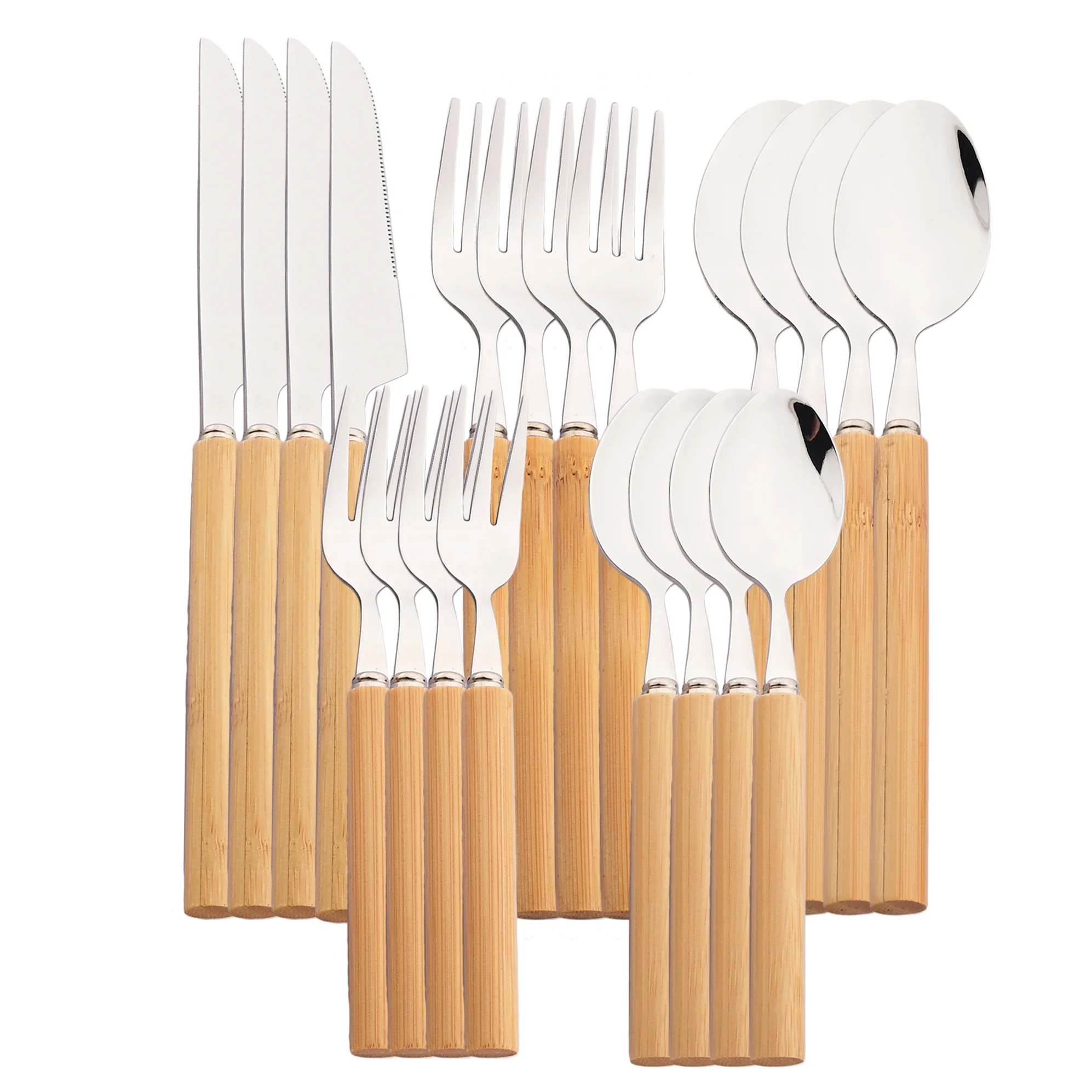 

20Pcs Bamboo Handle Dinnerware Set Knife Fork Spoon Flatware Set Stainless Steel Cutlery Kitchen Gift Wooden Handle Tableware