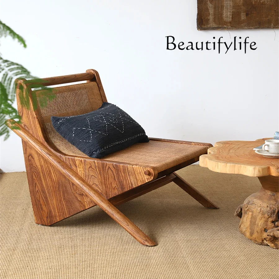 

Medieval casual rattan chair backrest dining chair retro Japanese solid wood balcony sofa recliner furniture