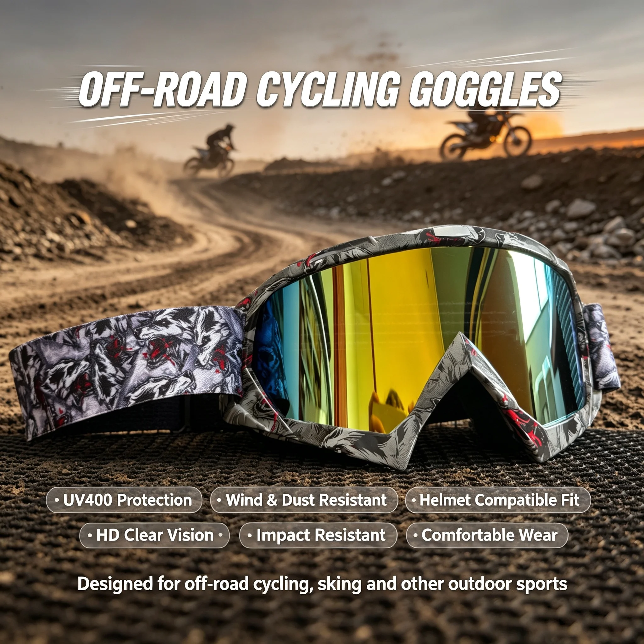 UV400 Motocross Riding Goggles HD Water Transfer Print Wind Dust Proof Compatible with Helmet for Skiing Outdoor Activities