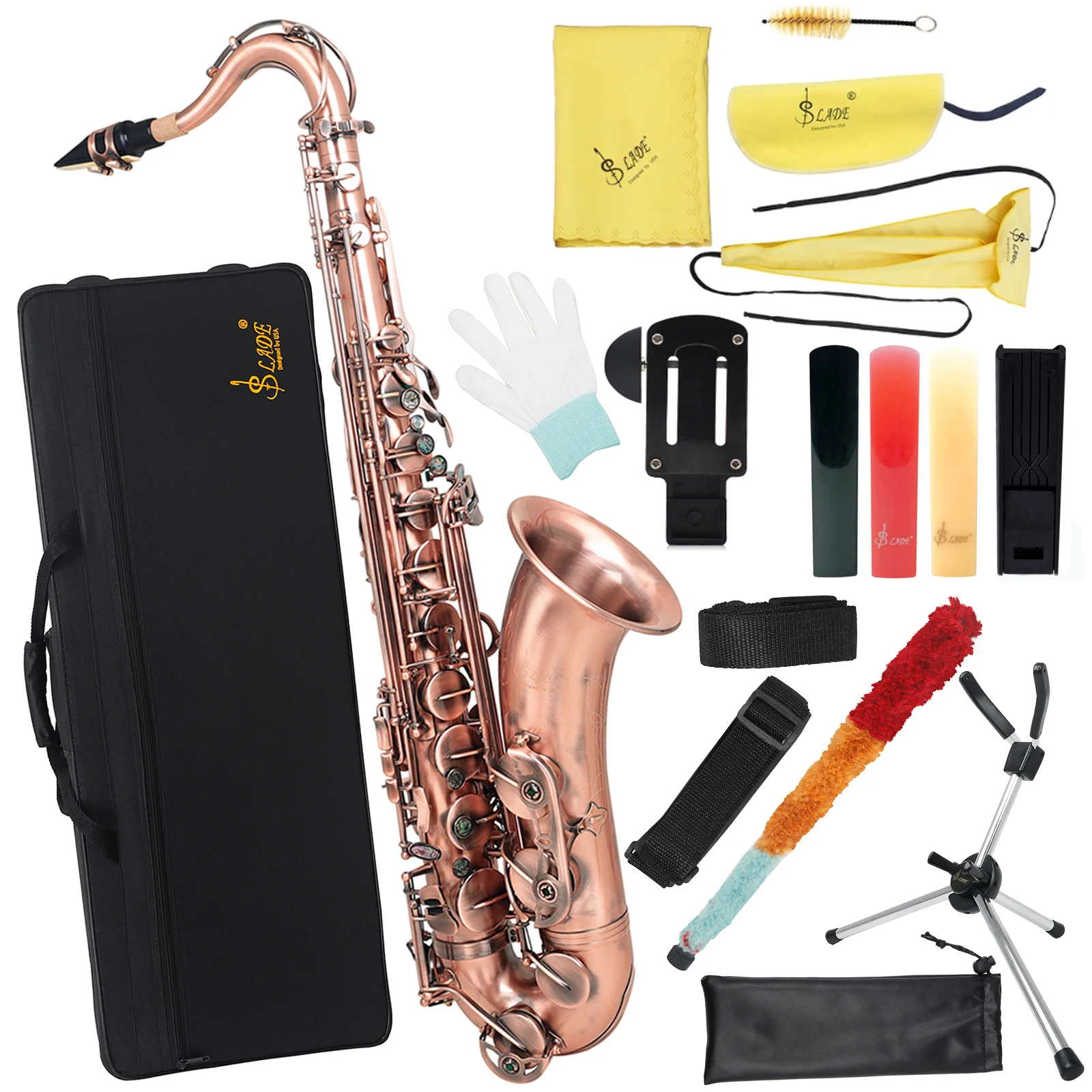 Red Antique Tenor Saxophone B Flat Saxophone Student Beginner with Updated Portable Case Reed Cleaning Kit  Gloves Neck Strap