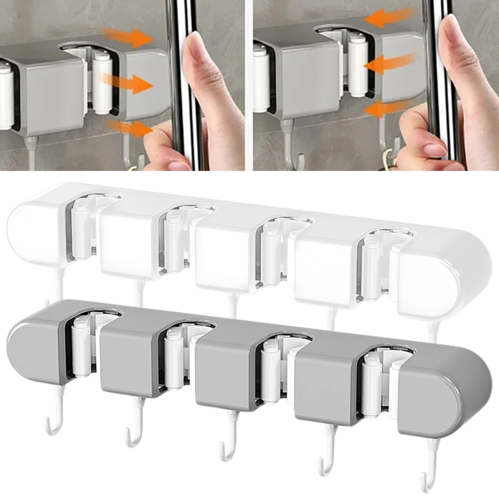 Mop Hook Wall Mounted Broom Rack Multifunctional Garden Tool Organizer Self-Adhesive with 4 Slots & 5 Hooks for Garden Garage