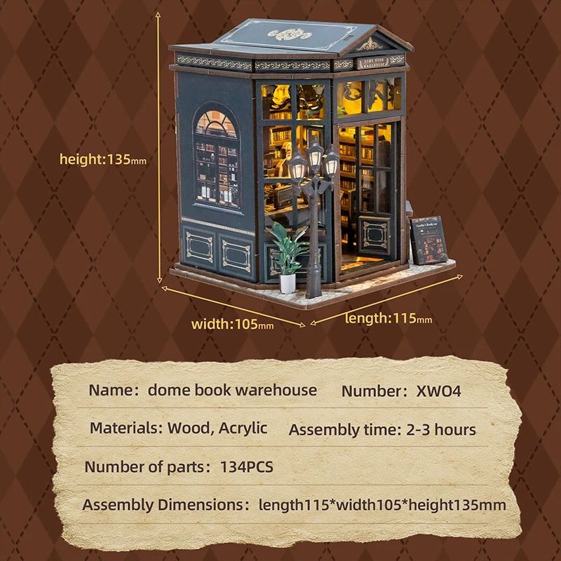 DIY Kuppel-Bücherregal Buchnische Holz-Miniaturmodell-Bausatz Buchstütze 3D-Puzzle mit LED-Beleuchtung für Freunde Geburtstagsgeschenke