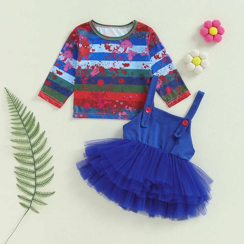 Toddler Girl Clothes Outfit Bloody Stripe Print Long Sleeve Tops and Tulle Suspender Skirt Set Children Clothing