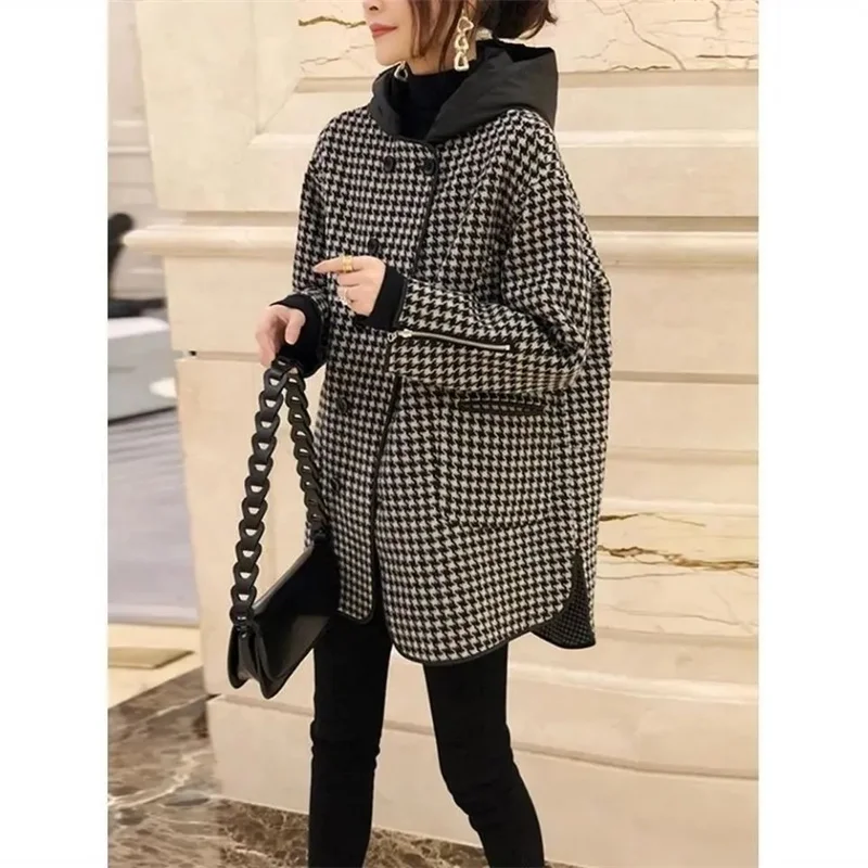 2023 Spring Autumn New Korean Hooded Thousand Bird Plaid Woolen Coat Mid length Loose Fashion Slim Woolen Coat Commuter Plaid