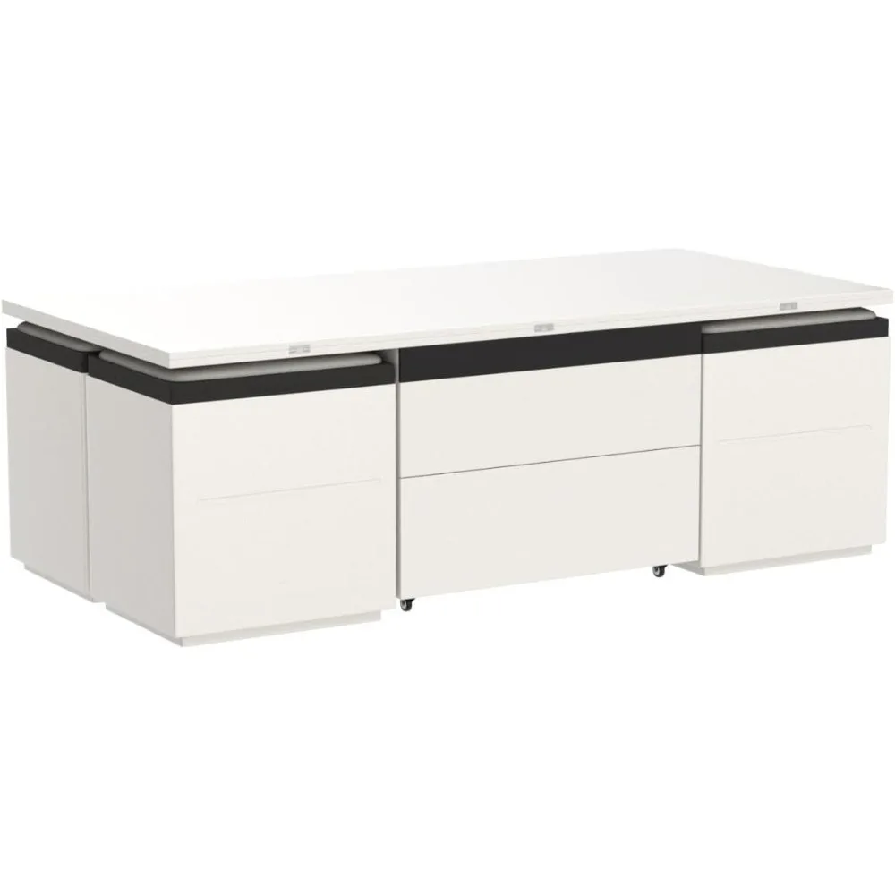 Extendable Coffee Table with 4 Storage Stools, Multifunctional Lift Top Coffee Table, Space Saving Folding Dining Table for Livi