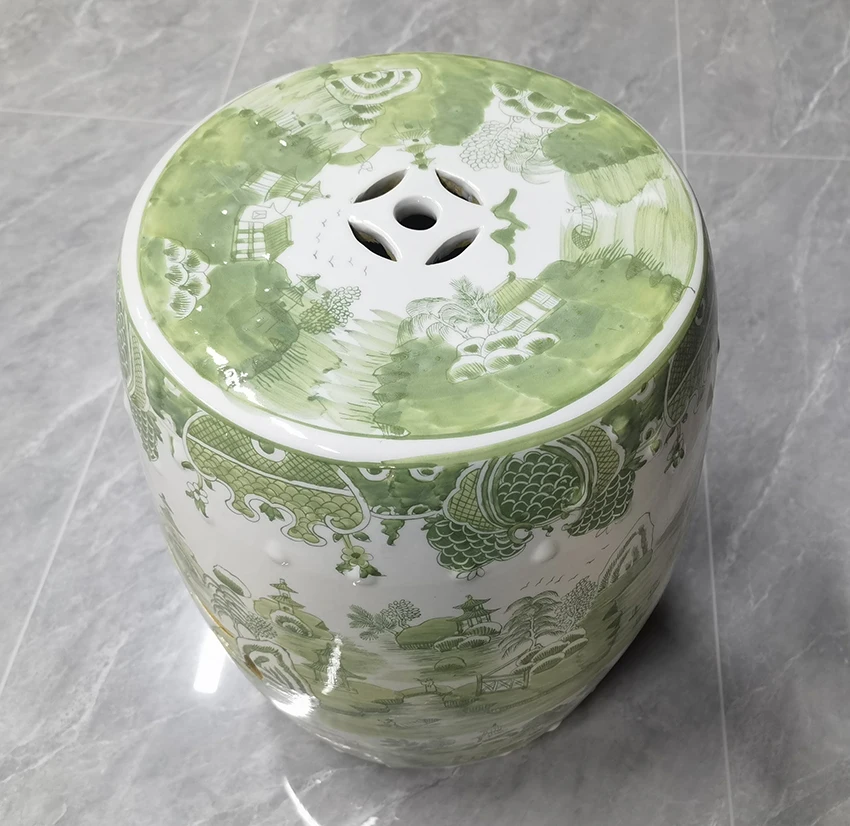 Chinese Style Hand-Painted Green and White Landscape Porcelain Garden Stool Drum Ceramic Home Decorative Stool