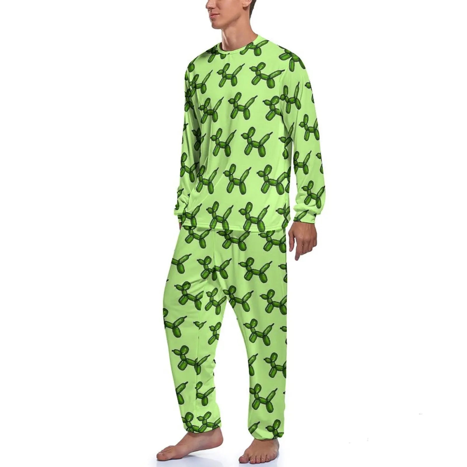 Green Balloon Dogs Pajamas Mens Animal Retro Sleepwear Winter Long Sleeve 2 Pieces Night Custom Pajama Sets