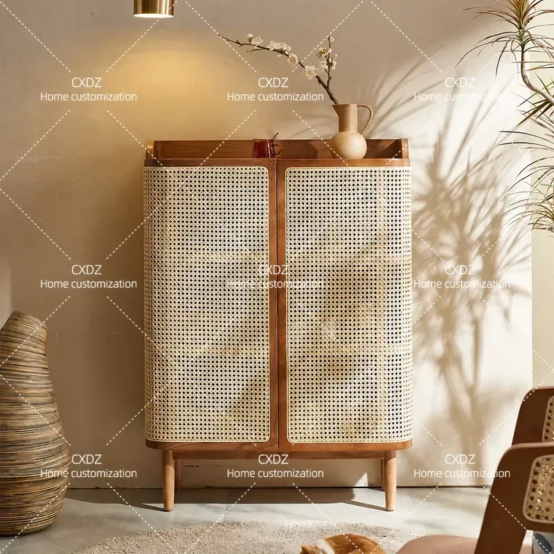 Nordic Solid Wood Shoe Cabinet Storage Japanese Style Rattan Locker Medieval Design New 2025 Popular Household Door Entryway