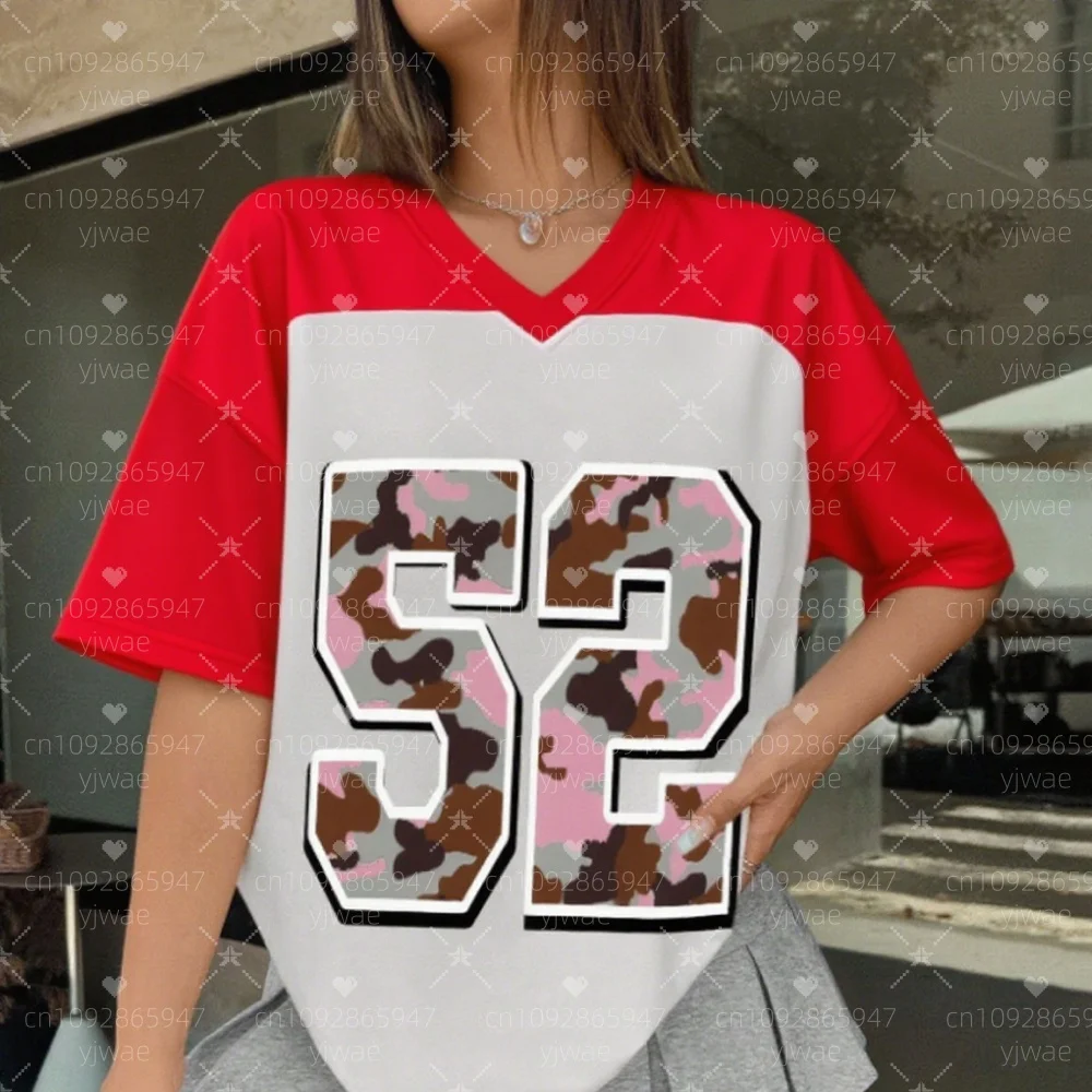 2025 여름 여성용 52번 프린트 V넥 반팔 티셔츠 여름 티셔츠 야구 저지 스트라이프 오버사이즈 스포츠 티셔츠