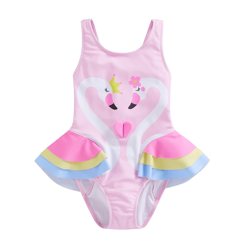 

Kid Girls Swimsuit Sleeveless Round Neck Swan Print Summer Beach Ruffle Bodysuit Swimwear