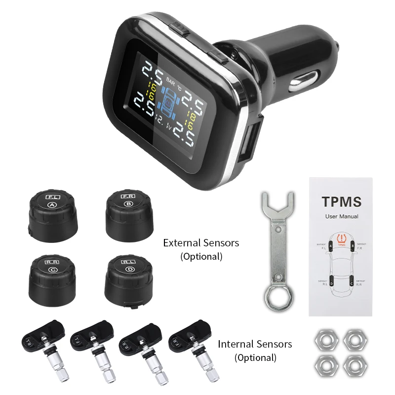 Car TPMS Cigarette Lighter Wireless Universal TPMS USB Digital tpms Tire Pressure Alarm System 4 External Internal Sensor