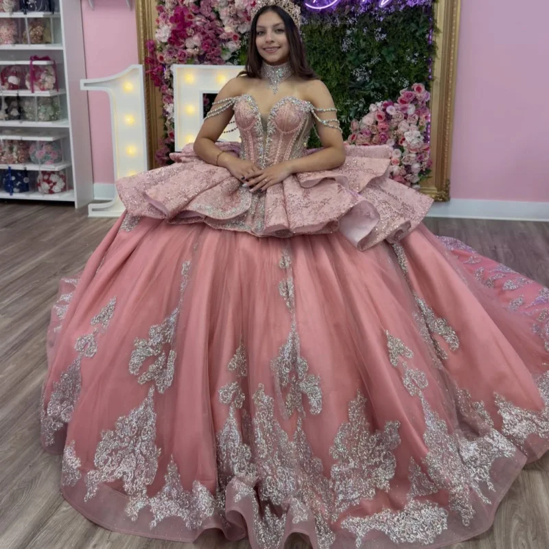 Pink Quinceanera Dress off-shoulder Silvery Glitter Crystal Decal Layering Long tail vestidos de 15 Quinceanera ﻿Customize