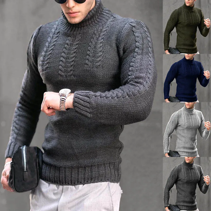 Men's Winter Sweater Casual Solid Turtleneck Knitted Sweaters Men Pullovers SpringAutumn LongSleeve Jacquard Knitwear Men's Coat