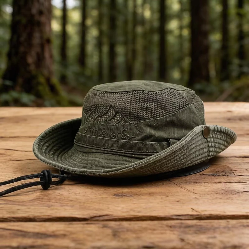Klassischer Herren-Fischerhut in einfarbiger Ausführung mit atmungsaktivem und strapazierfähigem Netzstoff, Sonnenschutz, flacher Hut, Touristen-Anglerhut