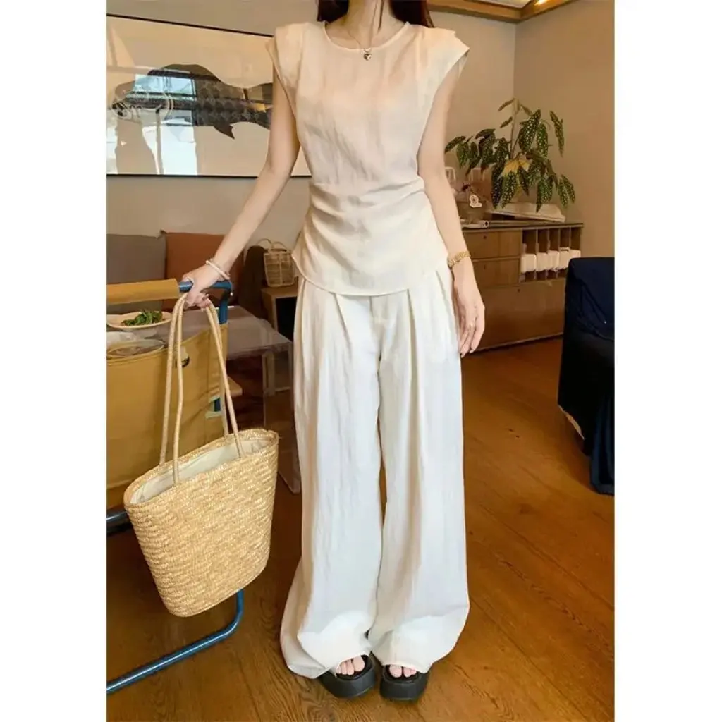 

Little Han Mei, повседневный костюм для отдыха для женщин, рубашка без рукавов, топ и широкие брюки, летние простые и восковые