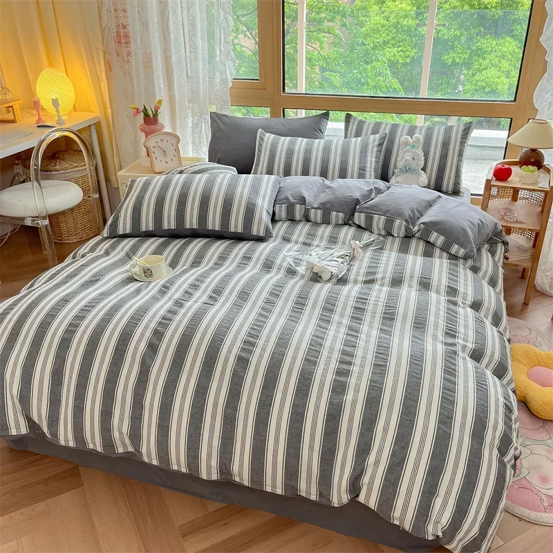 

New All-cotton Quilt Cover Yarn-dyed Washed Cotton Striped Single Bed Duvet Cover Skin Friendly 220x240 Double Use Bedding