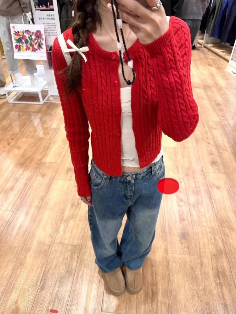 2024 Autumn and Winter New Preppy Red Sweater Cardigan Women Small Slim Short Knitted Coat Loose Long Sleeve Top Coat Short Top