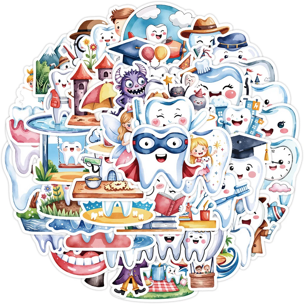 

10/30/50pcs Funny Dental Protect Tooth Cartoon Stickers Cute Waterproof Graffiti Decals Luggage Guitar Suitcase Kid Sticker Toys