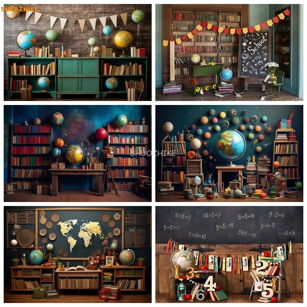 

Retro Bookshelf Globe Backdrops Books Desk Vintage Wall Back to School Baby Portrait Birthday Party Photography Background Props