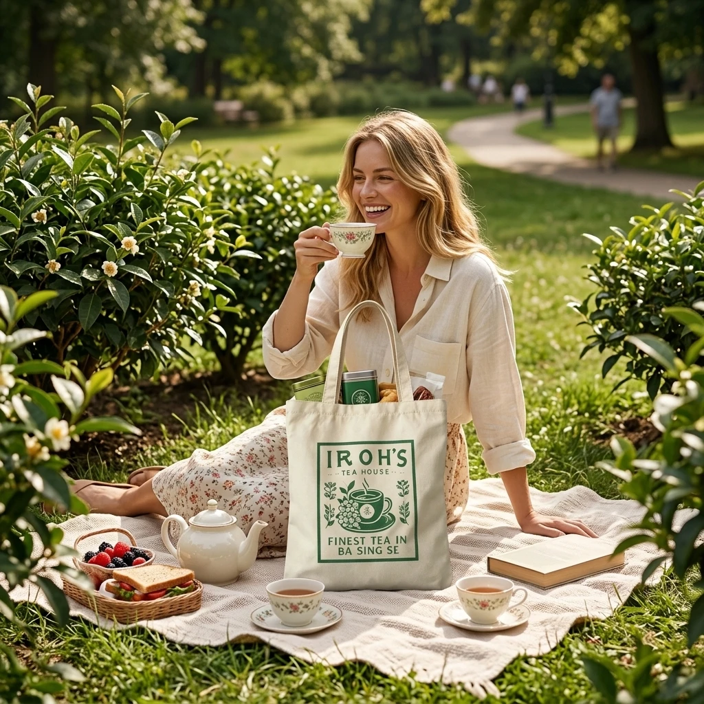 Tea-themed patterned canvas tote for women's outings picnic shopping and holiday gifts portable foldable door must-have