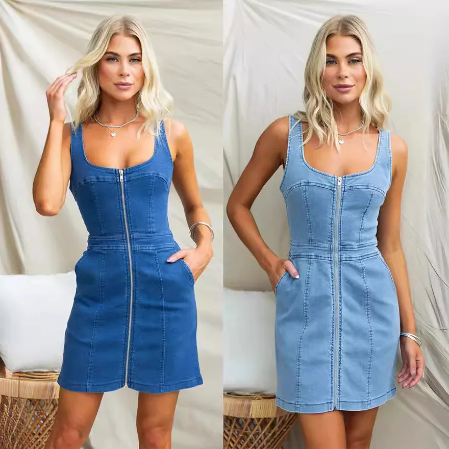 

2025 Spring Summer New Casual Slimming Women Denim Dress Fashion Square Collar Female Strap Dresses