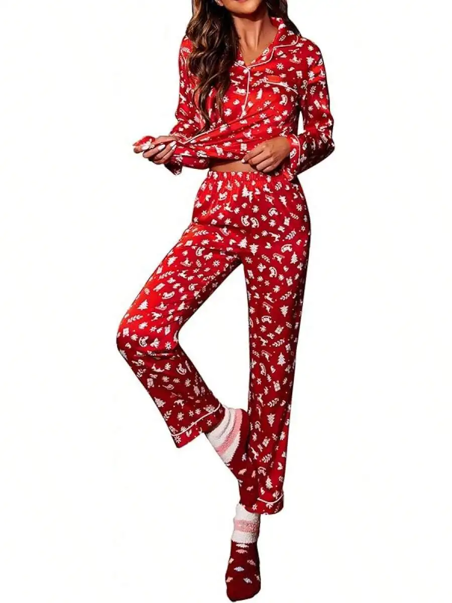 Red Christmas Print Satin Women Long Sleeve Pajama Set Soft Button Down Sleepwear Loungewear S-XXL