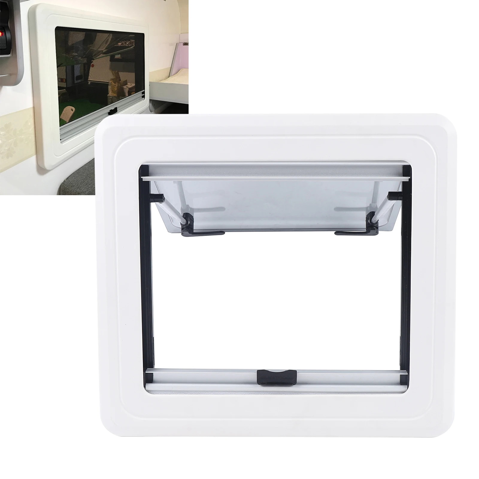 RV Windows 450mm*500mm Vertical Camper with Screen & Curtain Caravan Motorhome Vent External Push out Thickness Alloy EXIT Frame