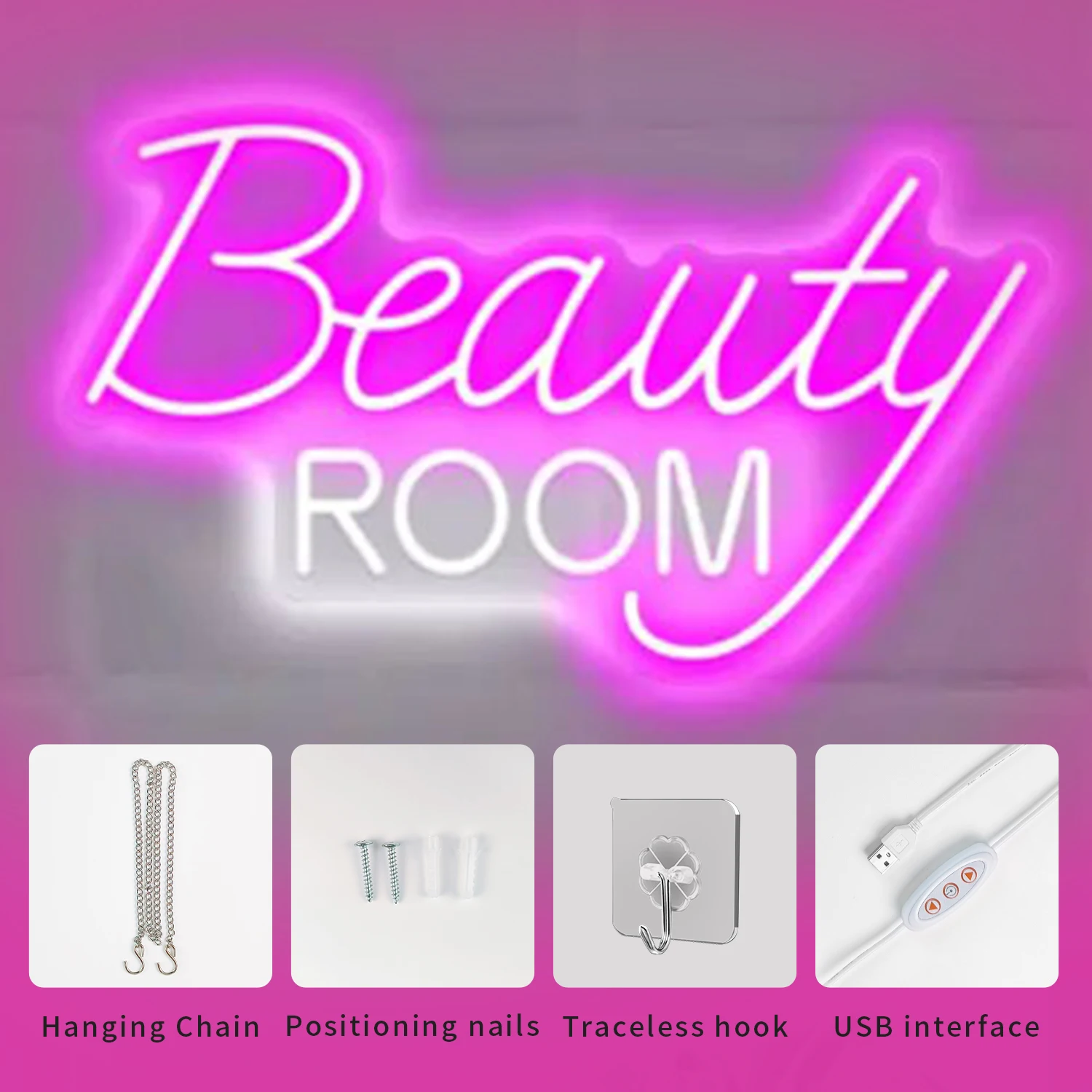 يتميز غرفة التجميل بأضواء نيون حلوة وناعمة مما يخلق جوًا رقيقًا ومناسبًا لتزيين غرف التجميل