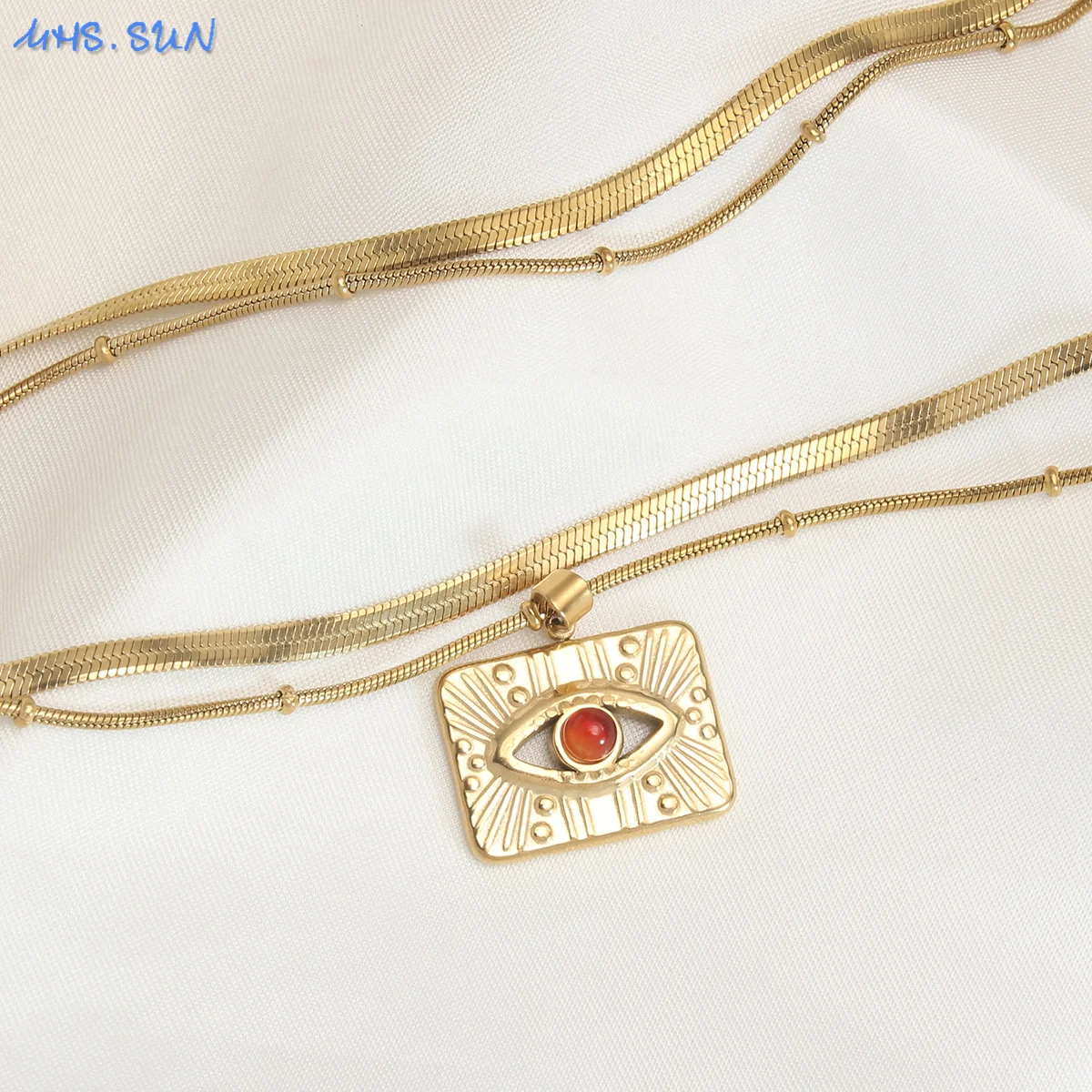 MHS.SUN Gold Plated Square Turkish Evil Eye Pendant Necklaces Stainless Steel With Natural Stone Lucky Jewelry Gift For Women