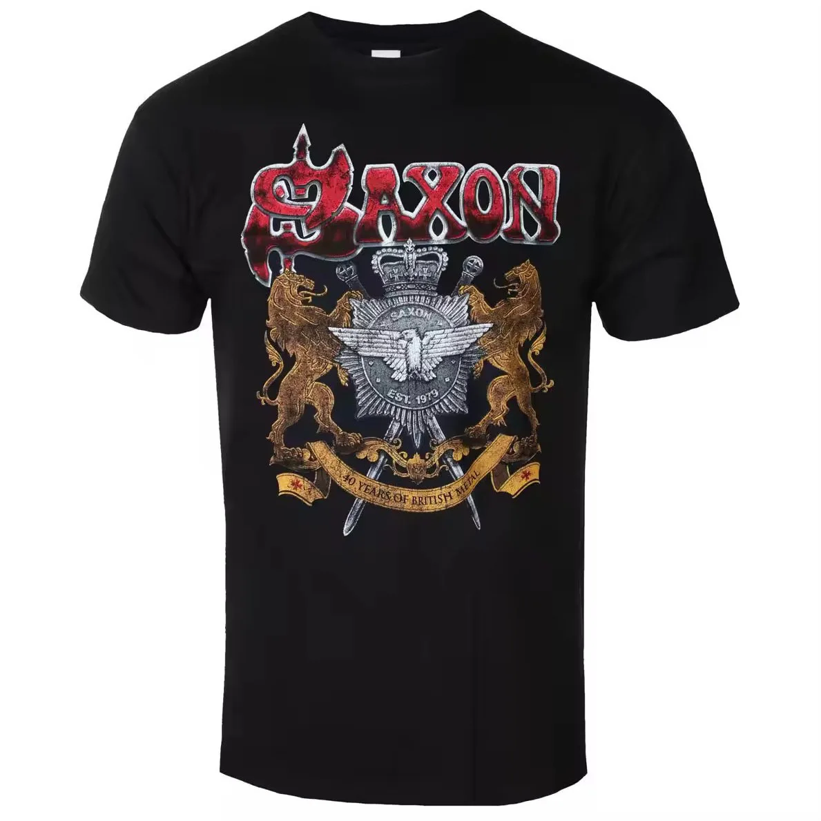 Sommerliches, 2D-bedrucktes Rundhals-T-Shirt im britischen Hard-Rock-Stil – trendiges Kurzarm-Shirt der Saxon Band