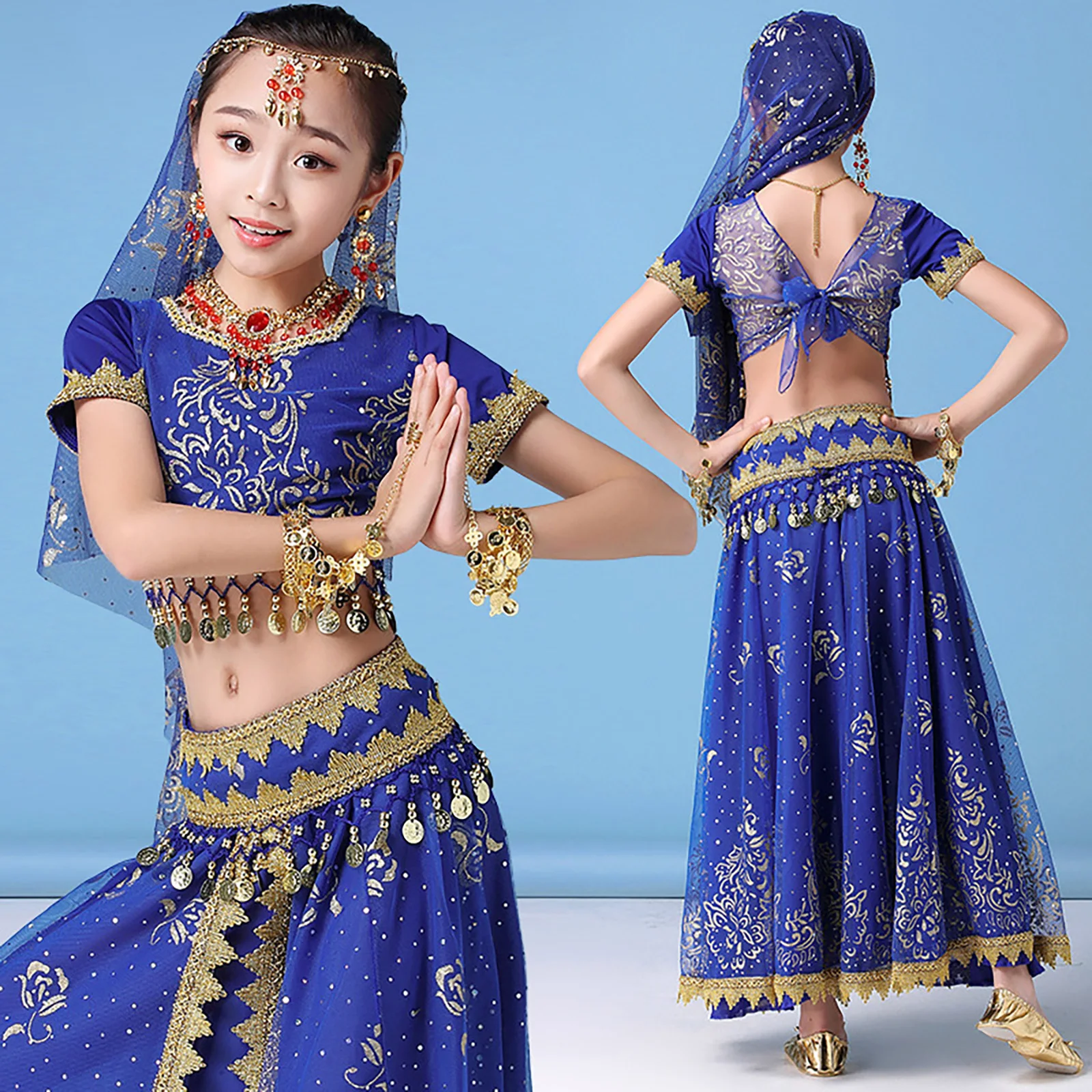

Girls Indian Bollywood Belly Dance Costume Dance Sari Bollywood Belly Dance Stage Performance Chiffon Top Belt Skirt Set