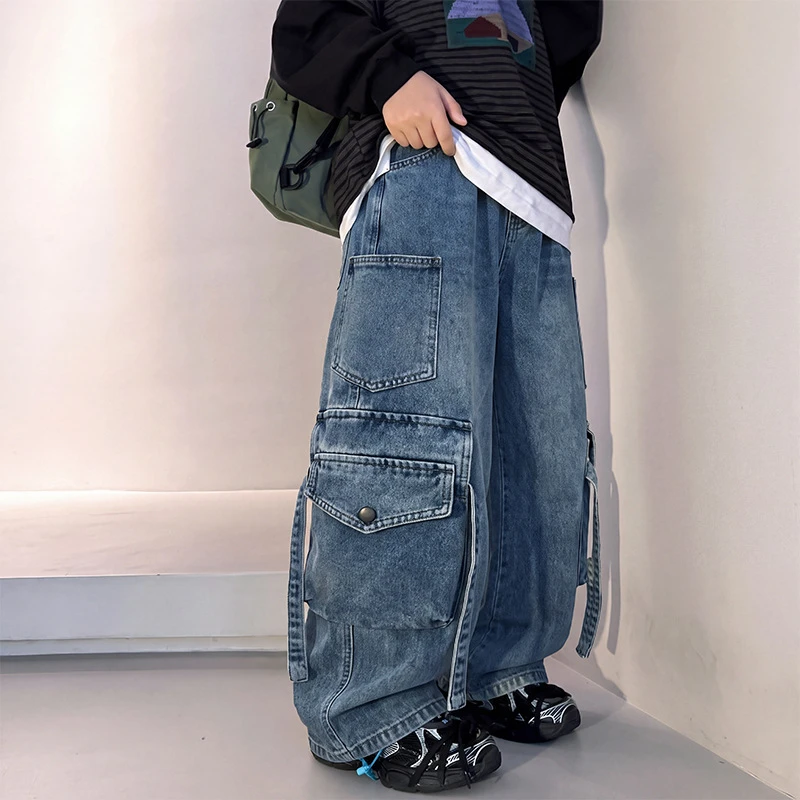 High Quality Kids Children Straight Leg Cargo Jeans Trousers For Tweens Boy Spring Autumn Streetwear Style Blue Denim Pants 5-14