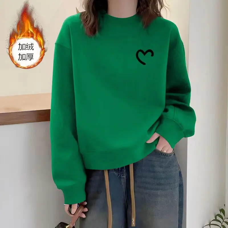 Simplicity Fashion Autumn Winter Women Printing Letter Plus Velvet Thicken Korean Casual Long Sleeve Pullovers Sweatshirts Tops