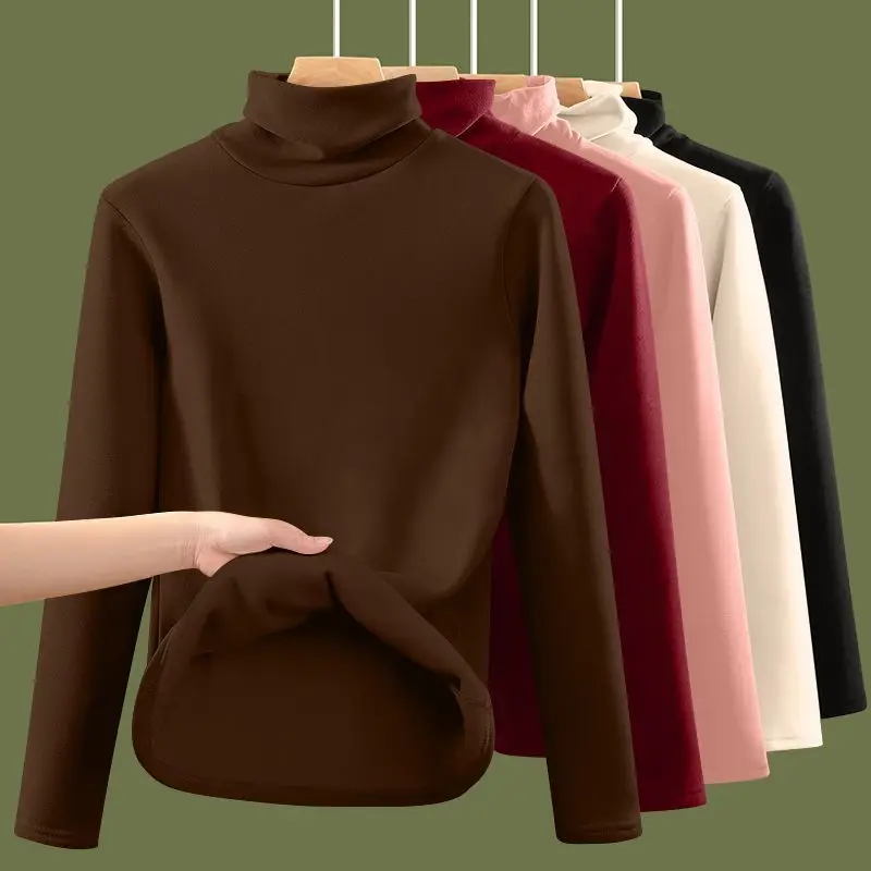 Kaos Wanita Musim Gugur Musim Dingin Tebal Hangat Lengan Panjang Kerah Setengah Tinggi Pakaian Dalam Termal Pakaian Wanita Termal