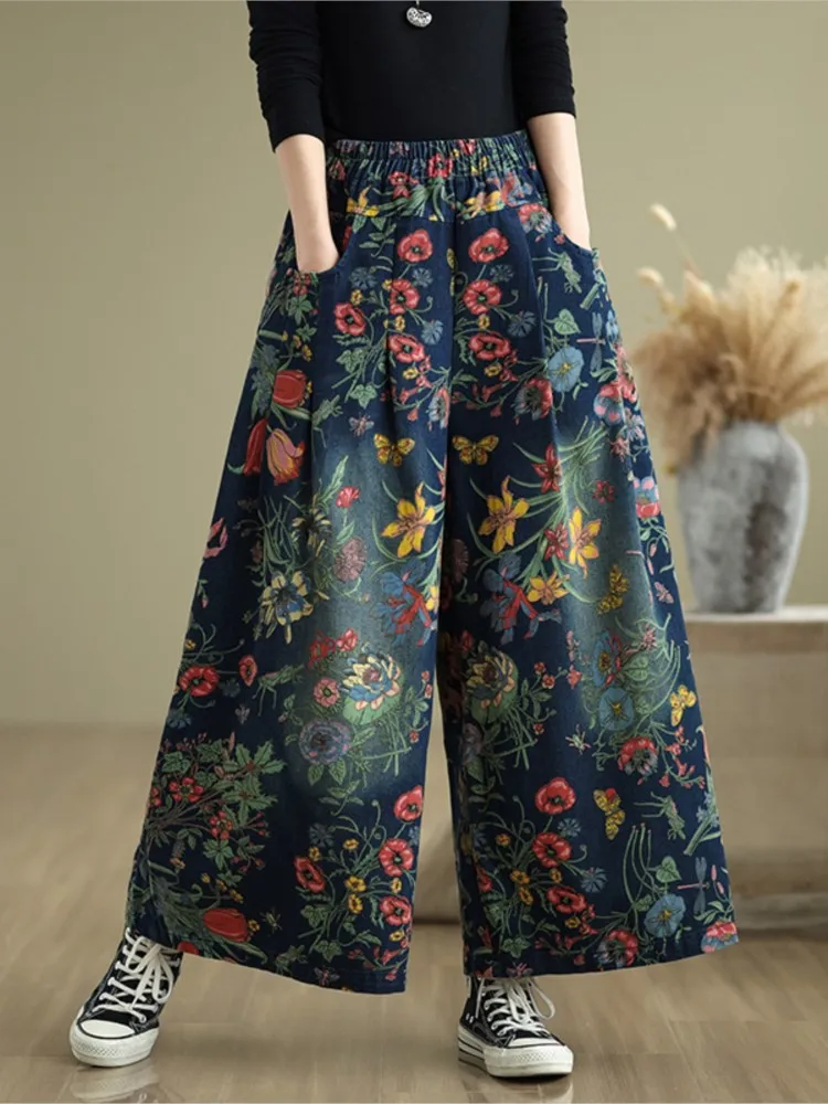

Large Size Floral Print Autumn Wide Leg Pants Women Loose Fashion Ladies Oversized Trousers Elastic Waist Woman Denim Pants