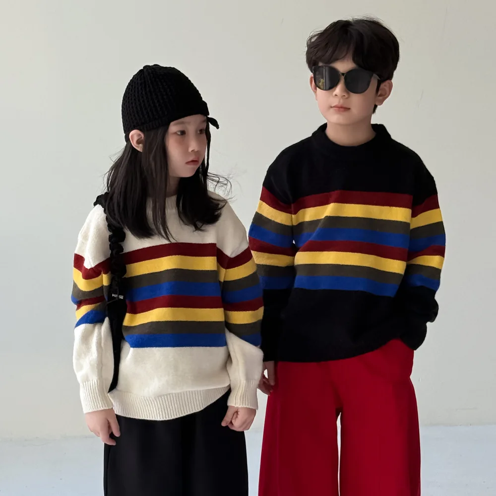 

Повседневный свободный свитер для маленьких мальчиков, детская одежда, осень 2023, новый детский свитер, цветной полосатый вязаный пуловер для девочек, топы