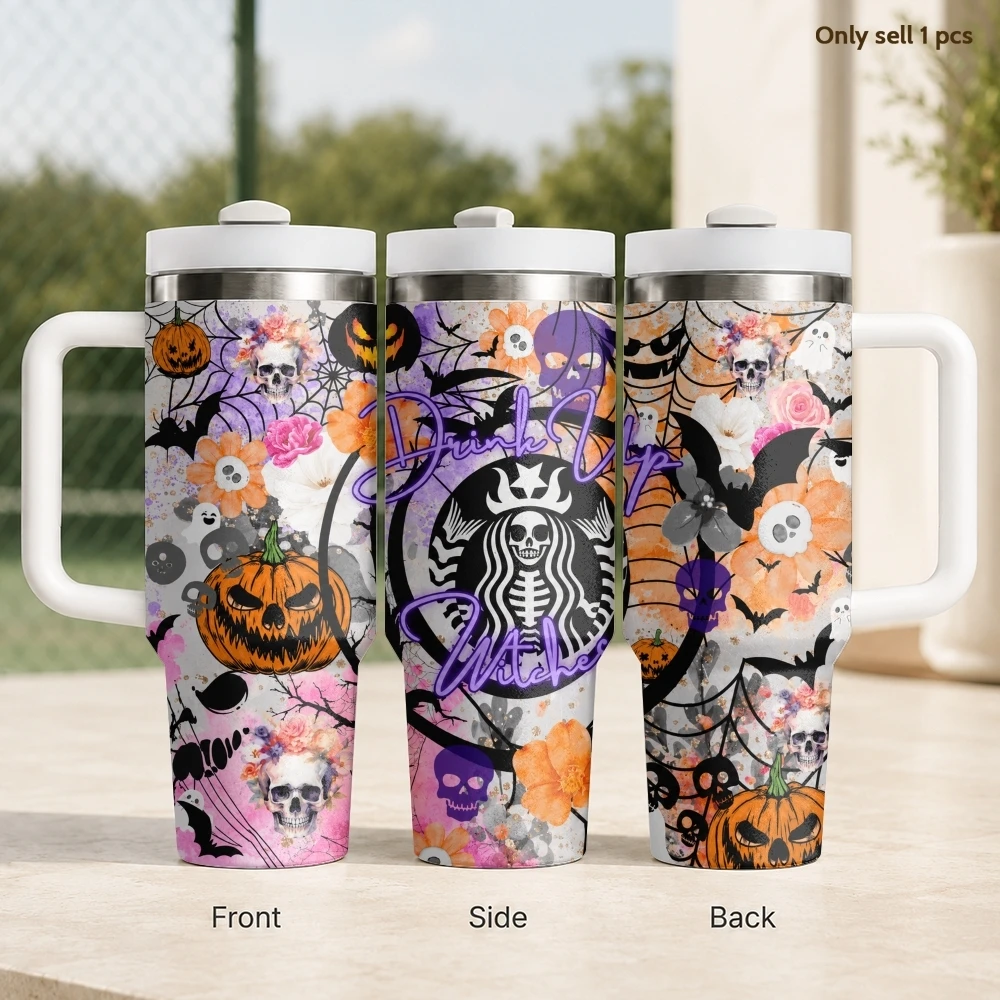 Midnight Coffee Club Vacuum Flasks 40oz Stainless Steel Travel Tumbler with Handle Straw Lid Double Wall Vacuum Insulated