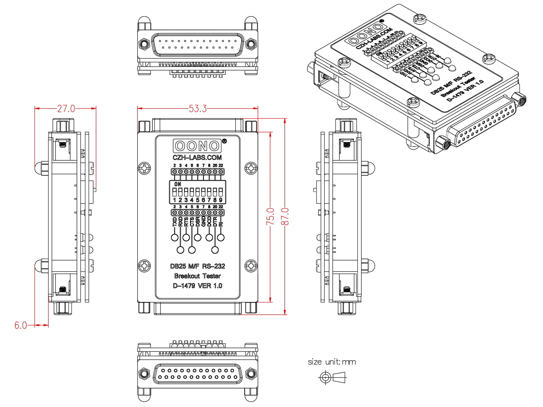 RS232 DB25 Male to Female Breakout Tester LED Monitor Module