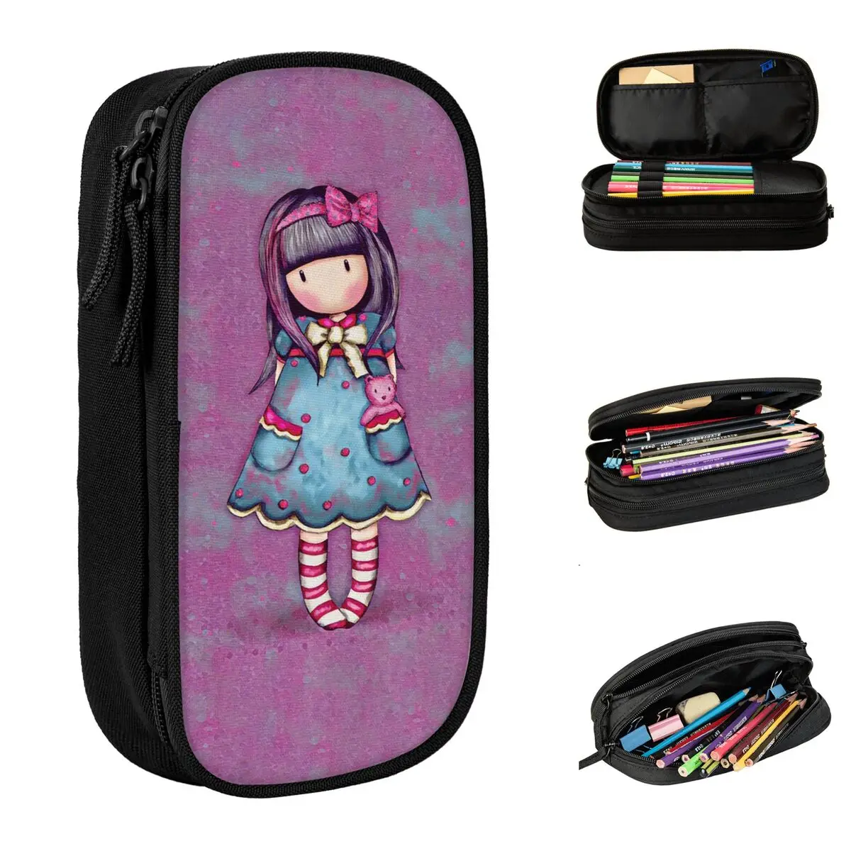 santa oro gorjuss boneca lapis cases cartoon pen box para menina e menino grande bolsa de armazenamento material escolar papelaria presentes 01