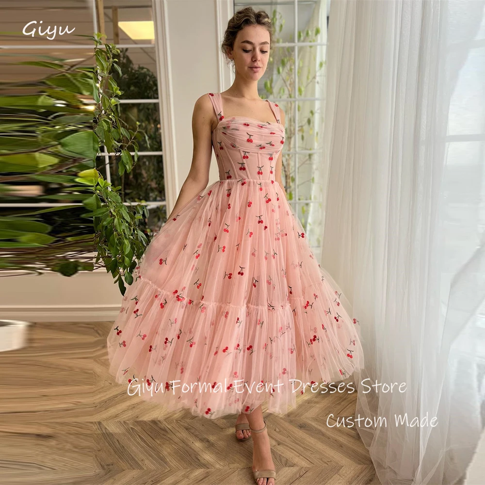 Giyu Sweet Pink Tulle A Line Prom Party Dresses Straps cherry Tea Length Evening Gowns Formal Birthday Dress Lady Outfit Summer