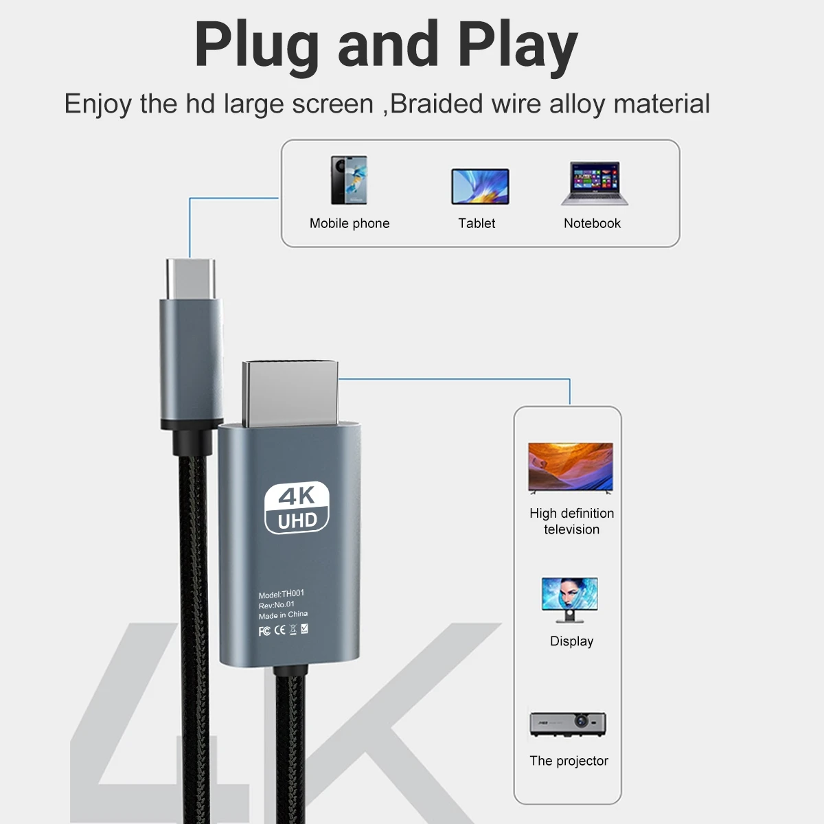 USB C-HDMI 케이블, 가정 사무실용 HDTV 코드, 썬더볼트 3/4, 맥북 프로 에어 아이패드 프로 XPS 17 S24 23/22, 4K @ 30Hz