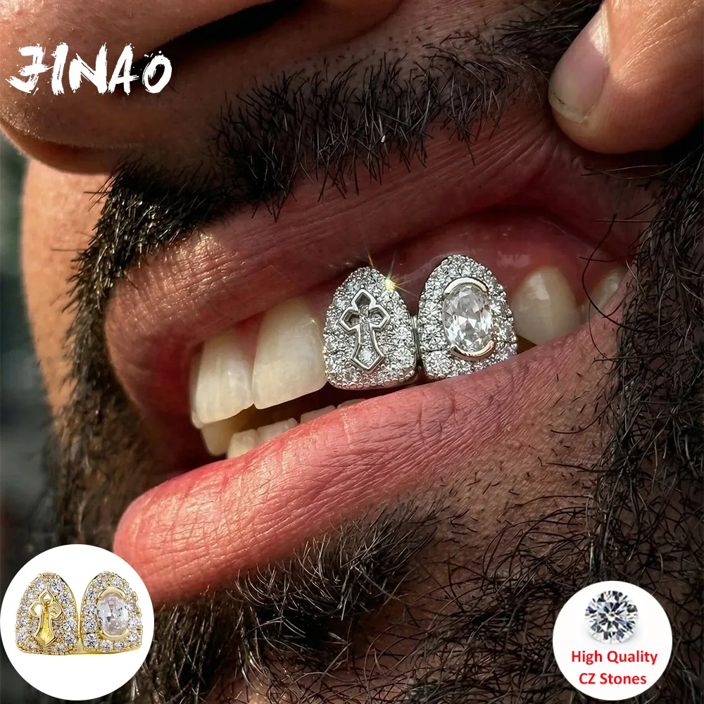 JINAO Hip Hop Double Teeth Full Iced Hollw Holy Cross CZ Grillz Men Top&Bottom Shinny Single Grill Punk Rapper Christmas Gift