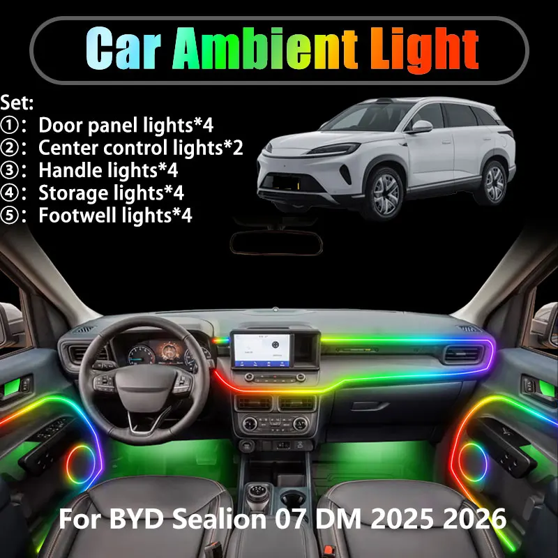 

Для BYD Sealion 07 DM DM-P DM-i 2025 2026 2/18 в 1 Автомобильное окружающее освещение Светодиодные внутренние светодиодные фонари багажника USB RGB Ensemble Streamer