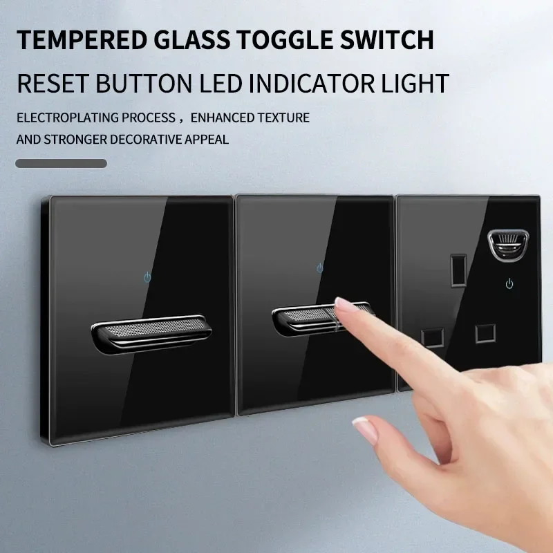 UK Crystal Tempered Glass Switch Panel LED Indicator 1/2/3/4 Gang/ 1/2 Way Self-reset Button Light