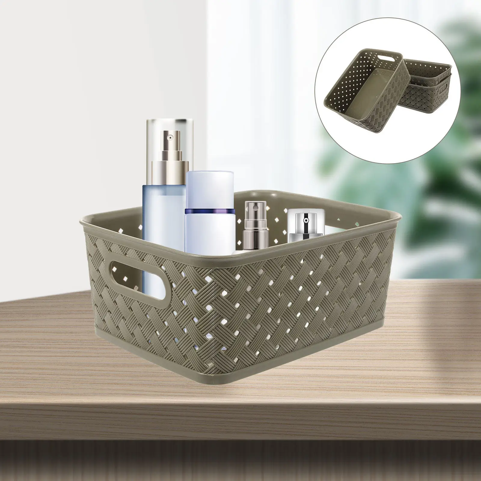 

3Pcs Handwoven Plastic Storage Basket with Handle Multipurpose Woven Organizer for Desk Tabletop Living Room Dorm Nursery Shelf