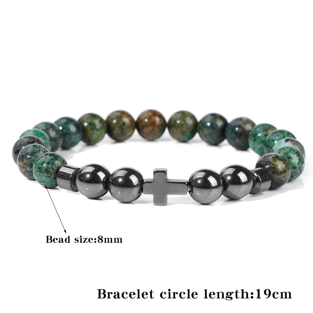 Fashion Hematite Stone Cross Bracelet 8mm Turquoises Tiger Eye Labradorite Beads Charm Bracelet for Women Men Energy Jewelry