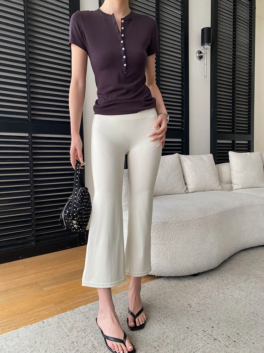 Sommerliche Damen-Yogahose in Uni-Farbe mit hoher Taille, Po-Lifting-Effekt, schmaler Passform, Bambusfaser-Beinen und leicht ausgestelltem Schnitt – Detail 4
