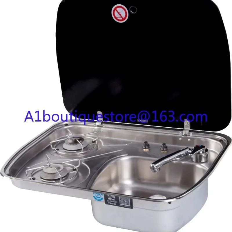 304 Stainless steel Black Glass cover Kitchen sink integrated gas stove Combination Trailer Motorhome Retrofit Sink