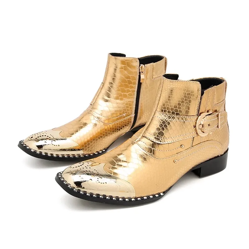 

Italian Men Ankle Boots Gold Genuine Leather Chelsea Shoes Snake Skin Metal Square Toe Formal Dress Boots Man Botas Hombre